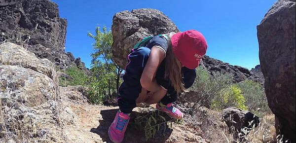  PISS PISS TRAVEL - Young girl tourist peeing in the mountains Gran Canaria. Public Canarias